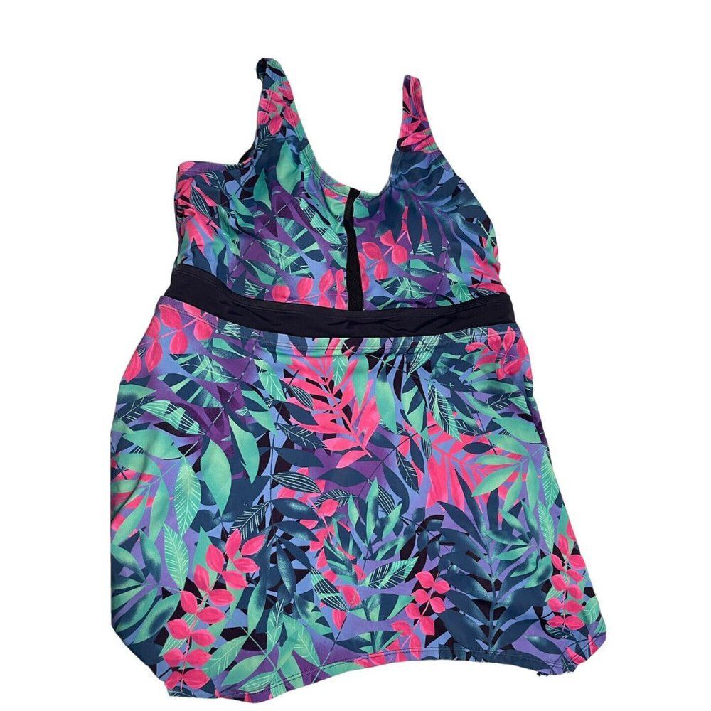 Swimsuits For All One Piece Swim Dress tankini top Floral Black Mesh Size 18